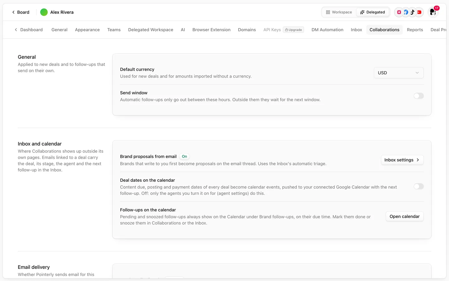 Collaborations settings with the default currency, the send window, Brand proposals from email, Deal dates on the calendar and Follow-ups on the calendar