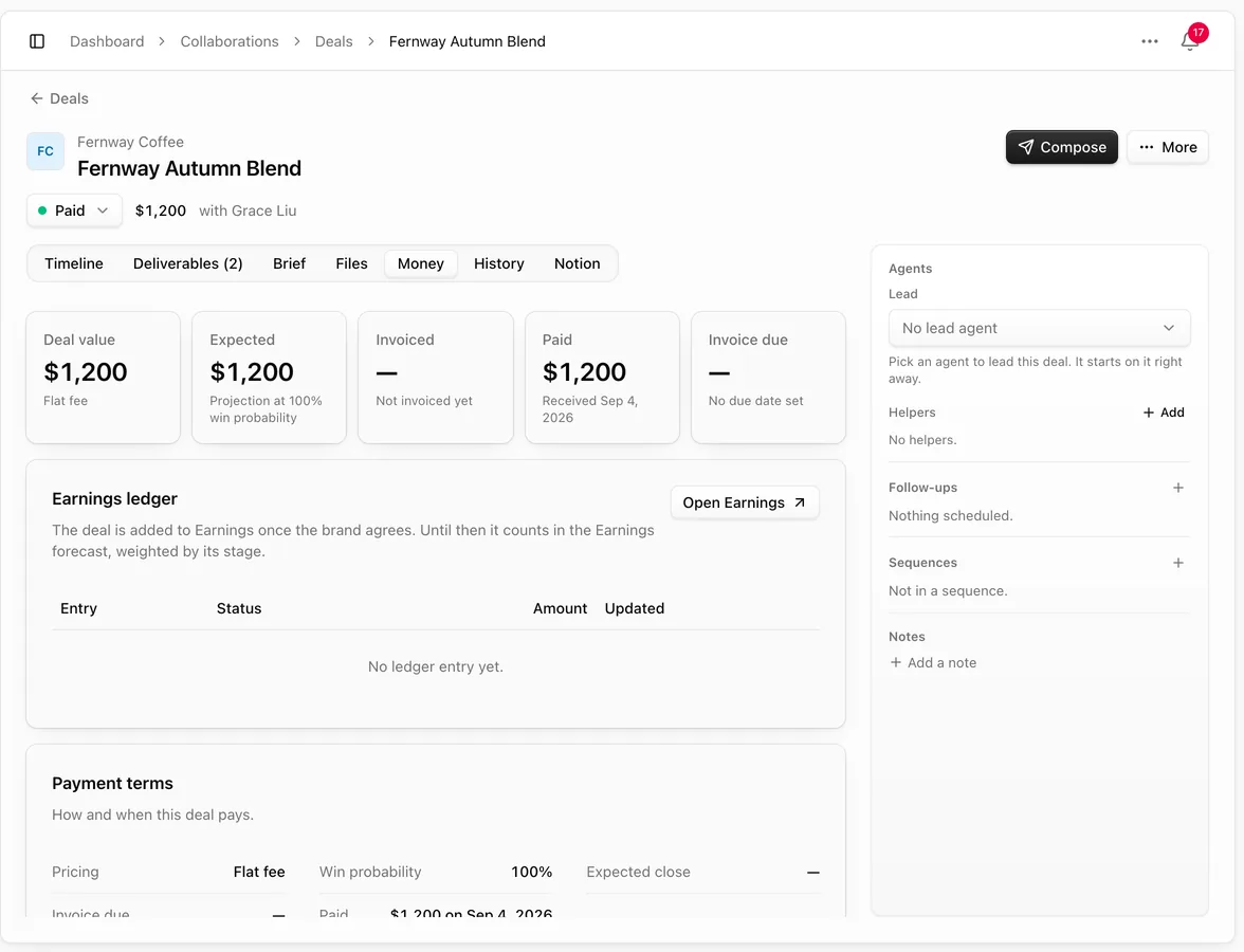 Deal Money tab with deal value, pricing, win probability, invoice and the Earnings status