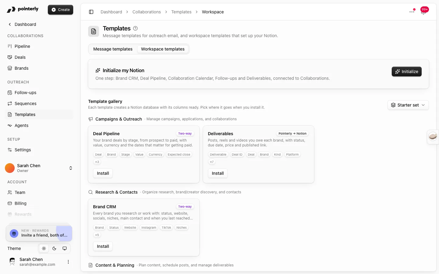 Workspace templates tab with the Initialize my Notion card and Deal Pipeline, Deliverables and Brand CRM templates