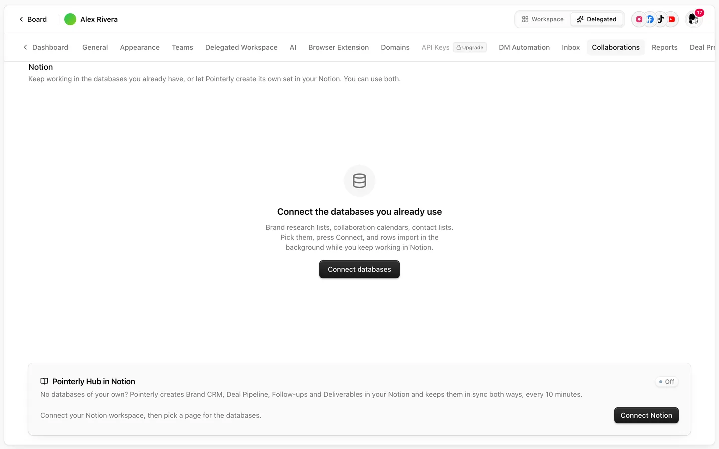 Notion section of Collaborations settings with Connect databases and the Pointerly Hub in Notion card