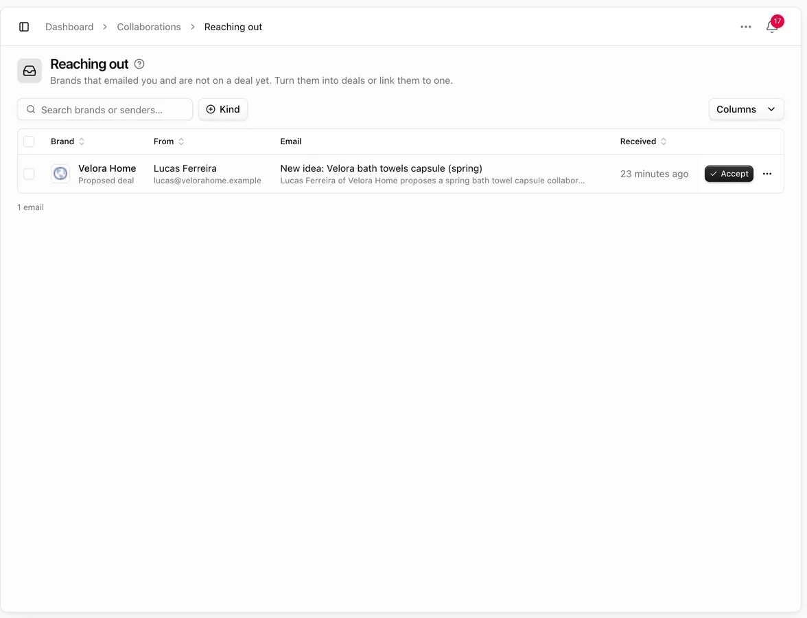 Reaching out page listing a brand email with the brand, the sender, the subject, when it arrived and Accept