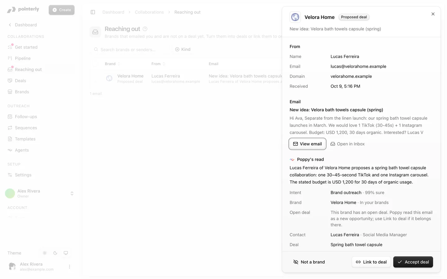 Email from a brand open in a sheet with the sender, the email, Poppy's read, and Not a brand, Link to deal and Accept deal