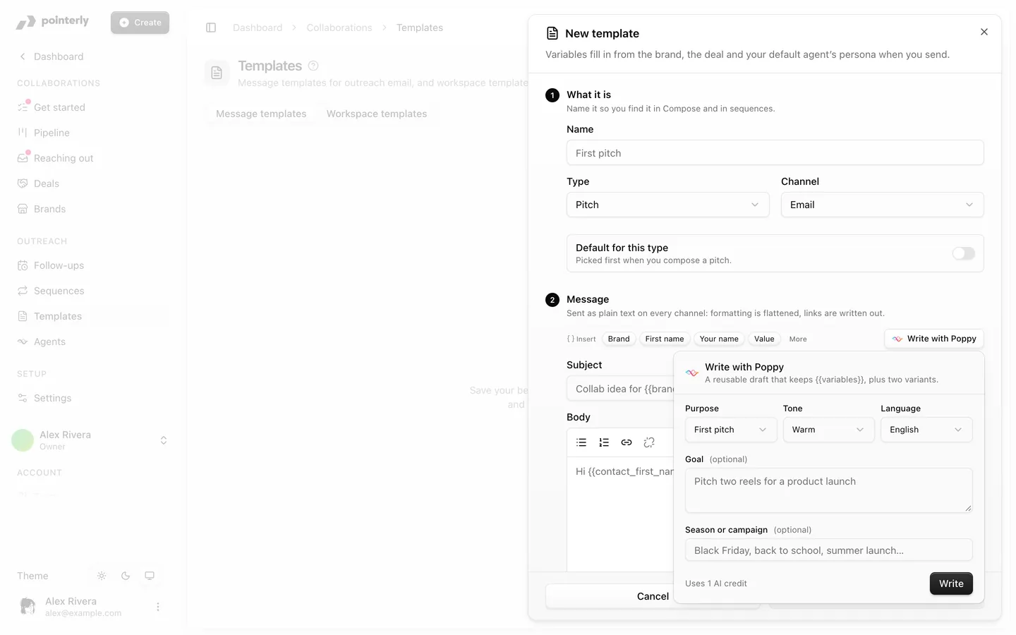 Template editor with the Write with Poppy panel showing purpose, tone, language and the Write button