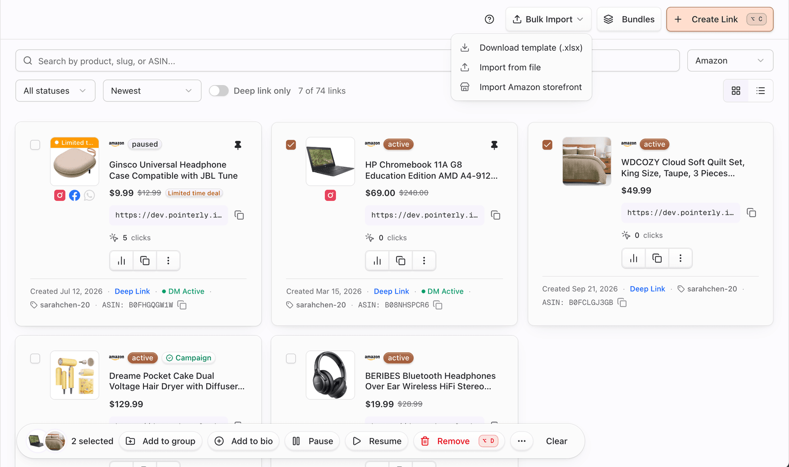 Links page with Bulk Import dropdown and bulk selection toolbar