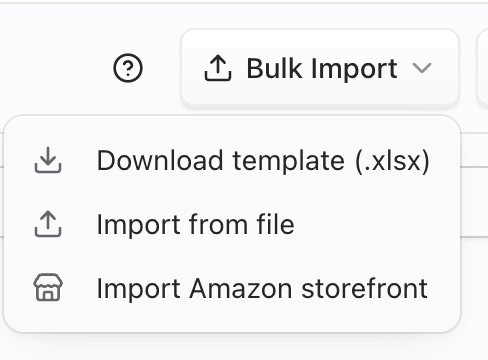 Bulk Import menu listing template download and import options
