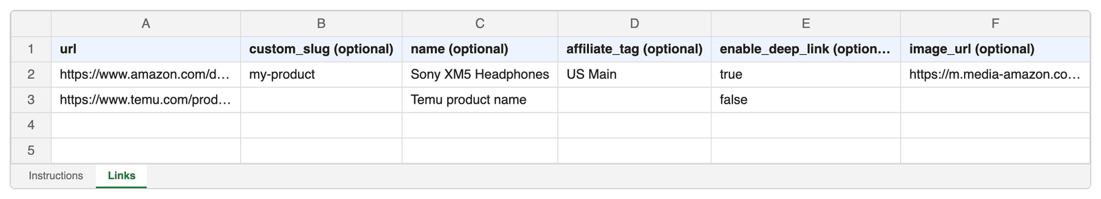 Import template showing url, custom_slug, name, affiliate_tag columns
