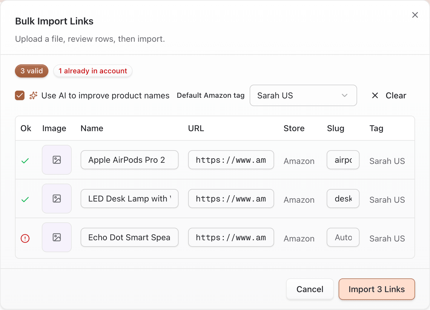 Bulk import review table with validation status and import controls