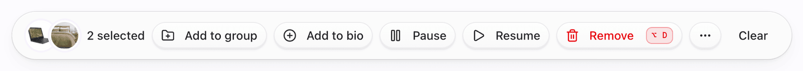Bulk selection toolbar with Pause, Resume, Add to group, and More actions
