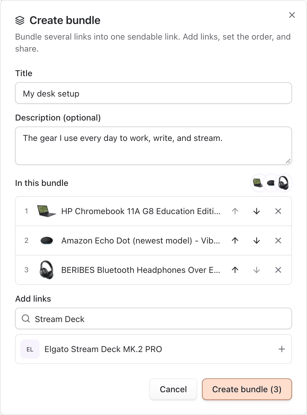 Create bundle dialog with title field and ordered product list