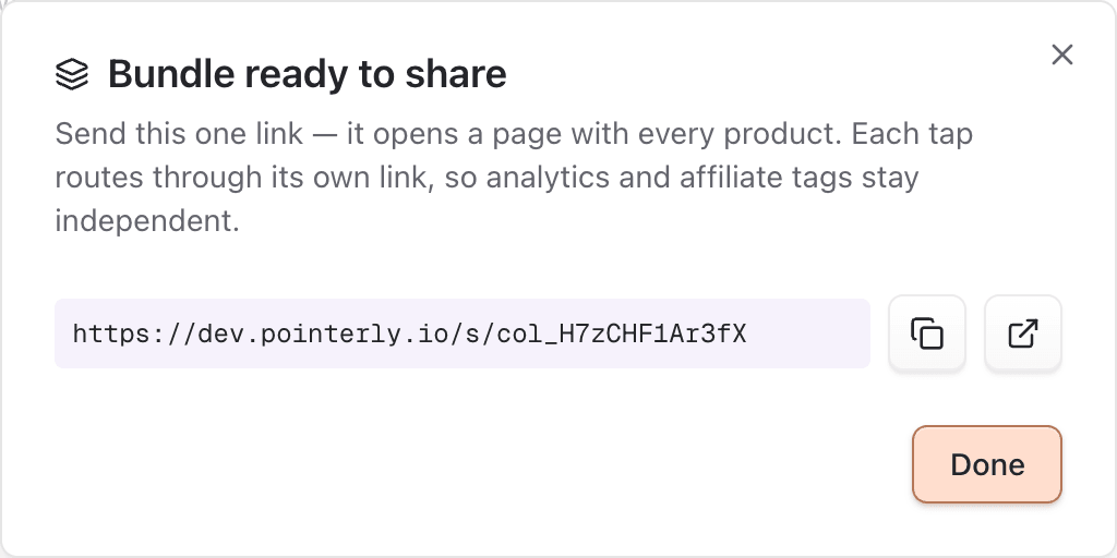 Bundle ready to share dialog with share URL and copy button