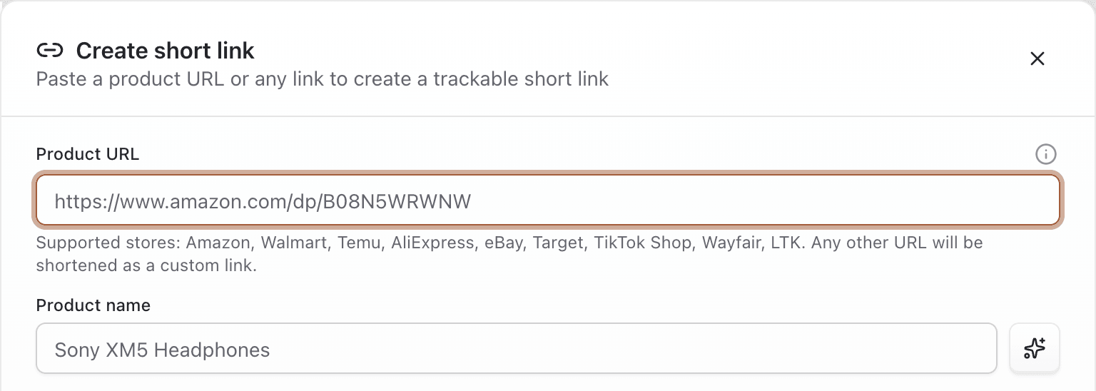 Create Link dialog with Product URL field