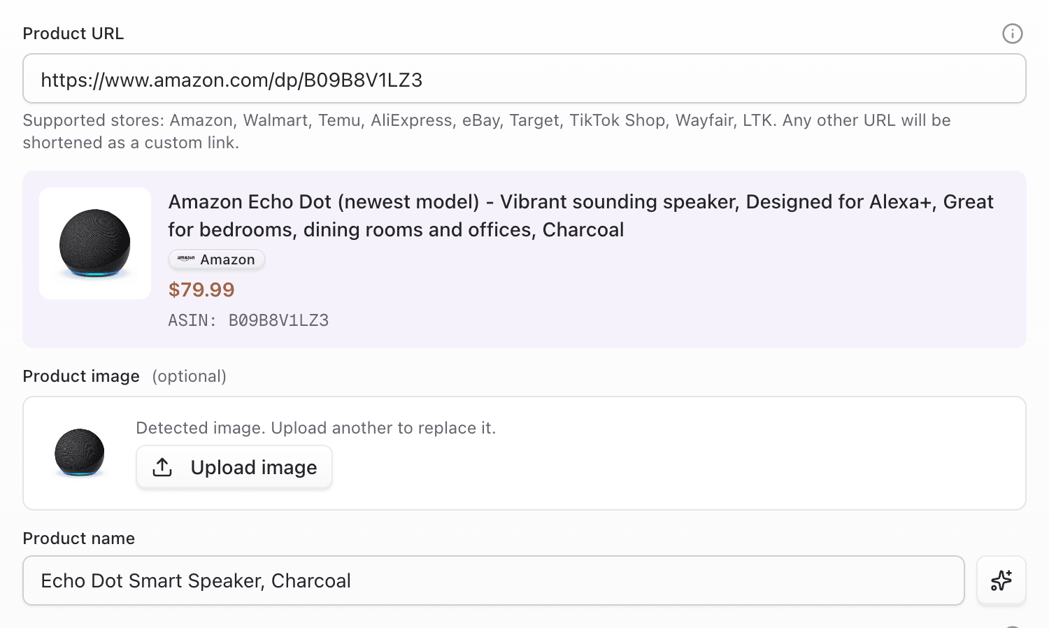 Create Link dialog showing product preview title, image, and price