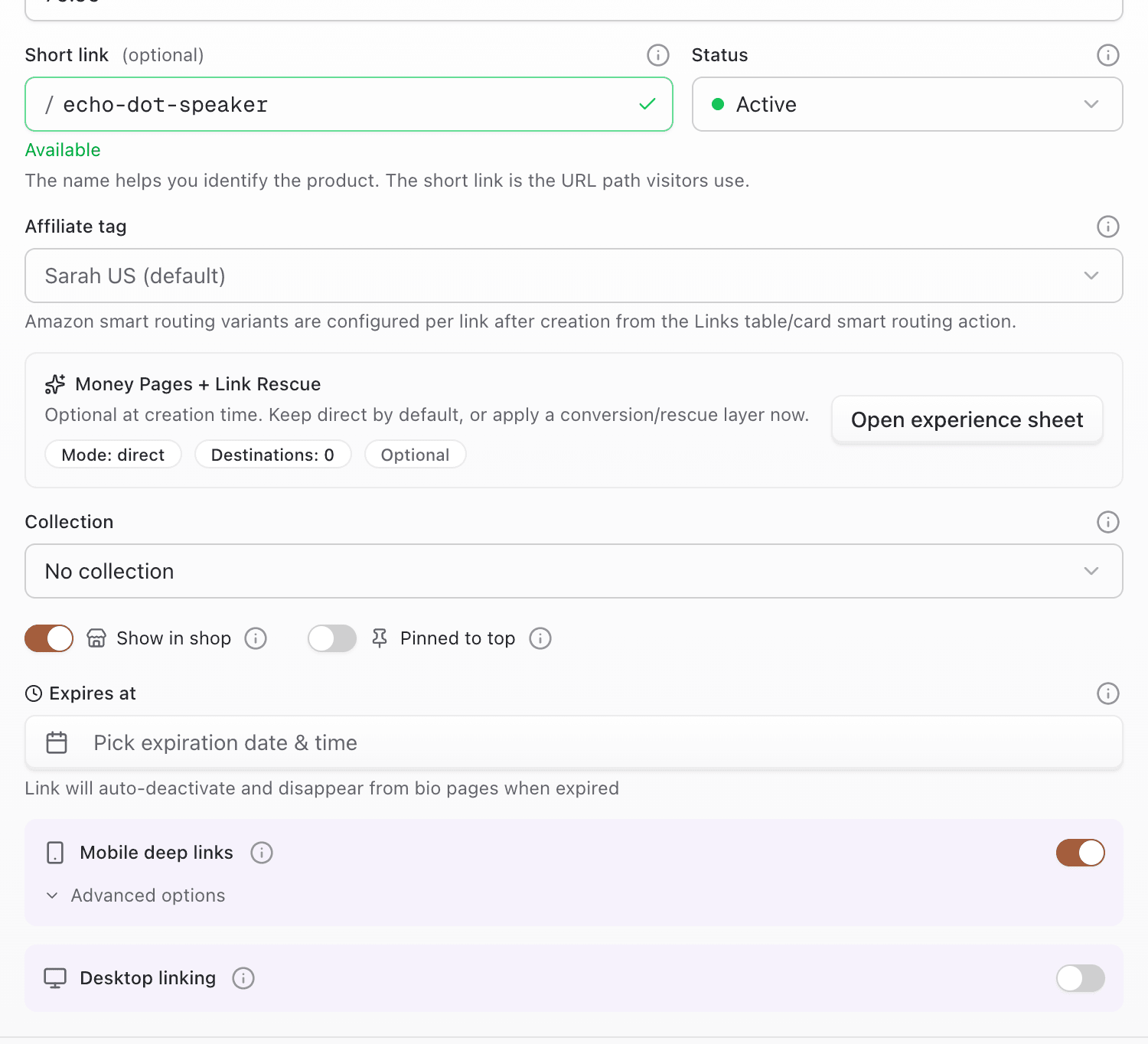 Create Link form with affiliate tag, custom slug, and deep link options