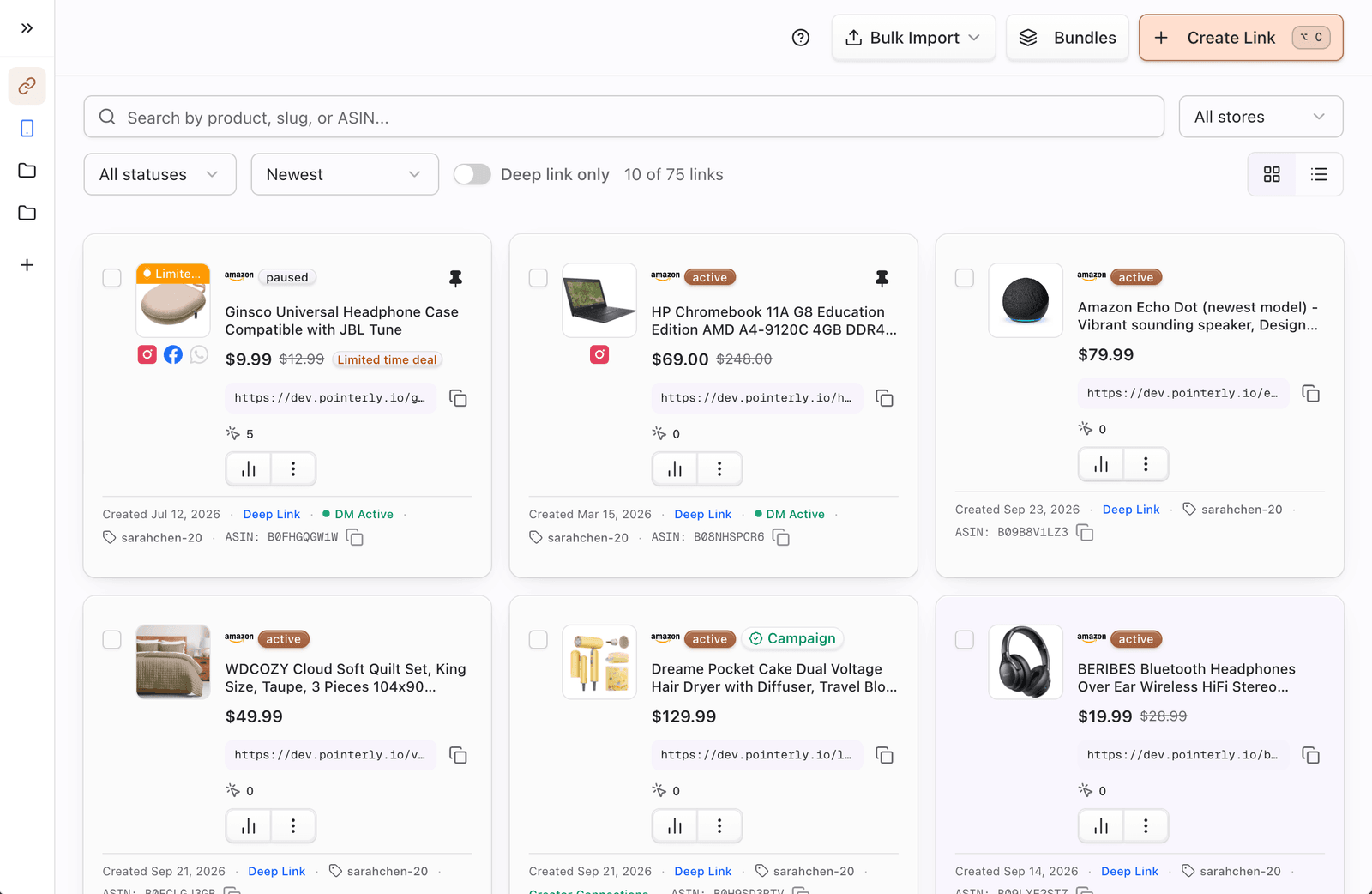 Links workspace overview with Create Link, Bulk Import, and Bundles
