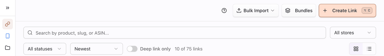 Links page header showing Create Link, Bulk Import, Bundles, and filters