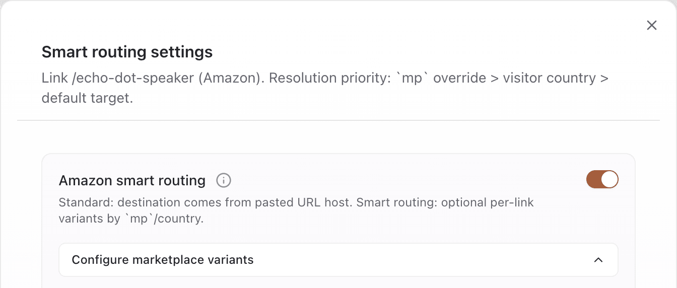 Smart routing settings sheet titled for the link slug