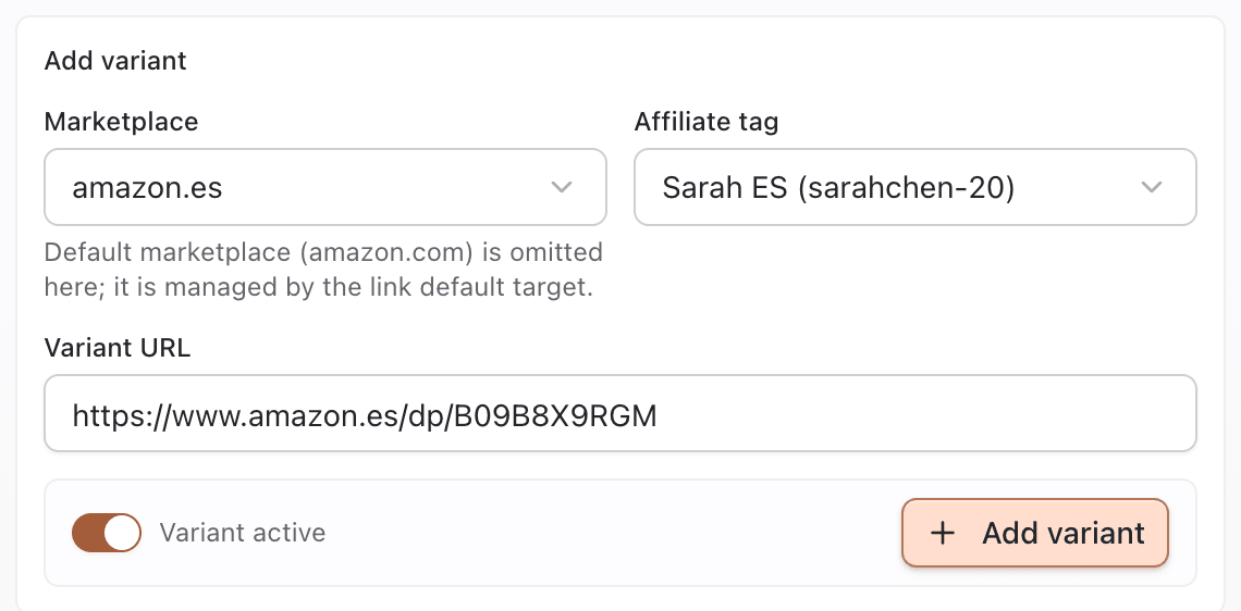 Add marketplace variant form with marketplace, affiliate tag, and variant URL
