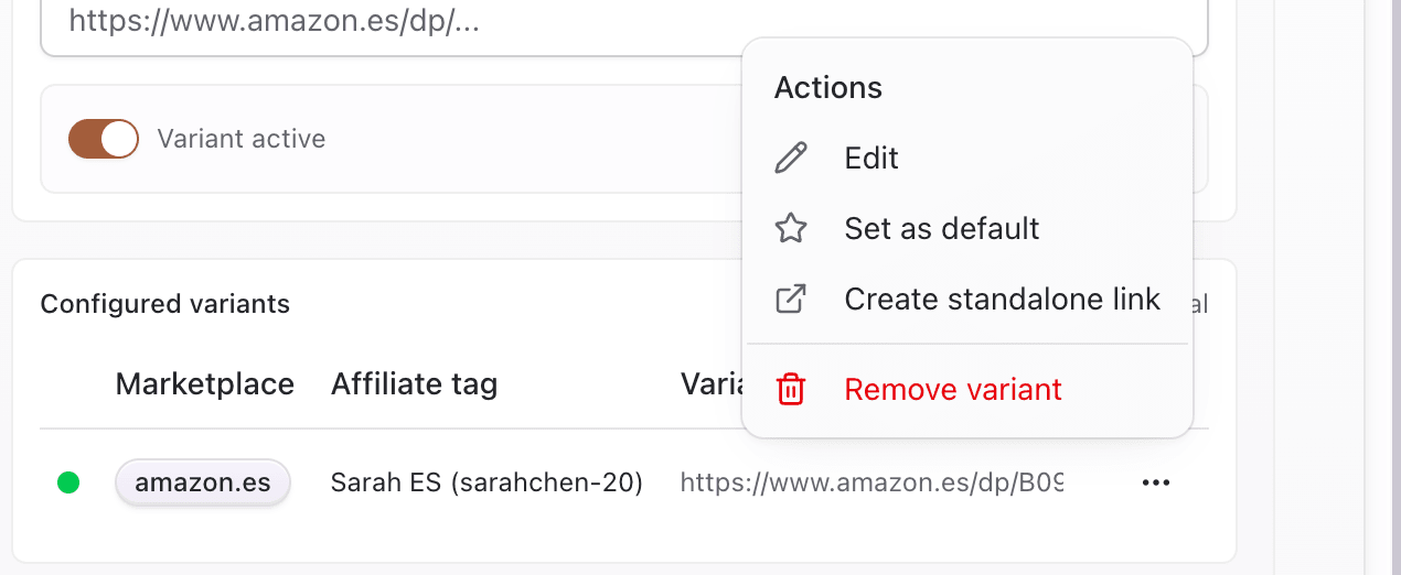 Configured variants table with Edit, Set as default, and Create standalone link actions
