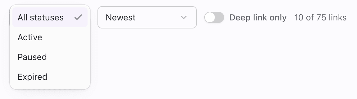 Links filters with Active and Paused status options