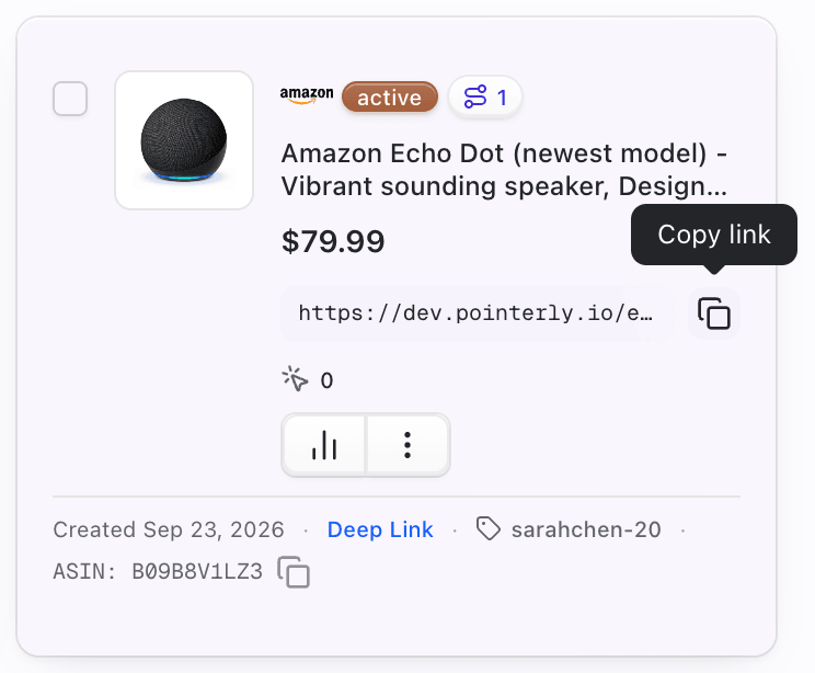 Link card with copy short URL control highlighted