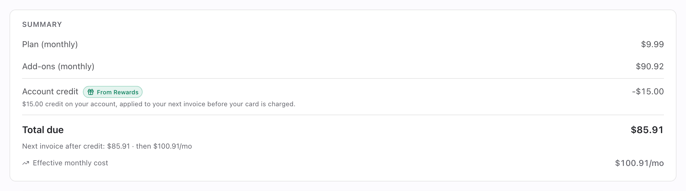 Upcoming invoice summary with Account credit row, From Rewards badge, Total due and Next invoice after credit line
