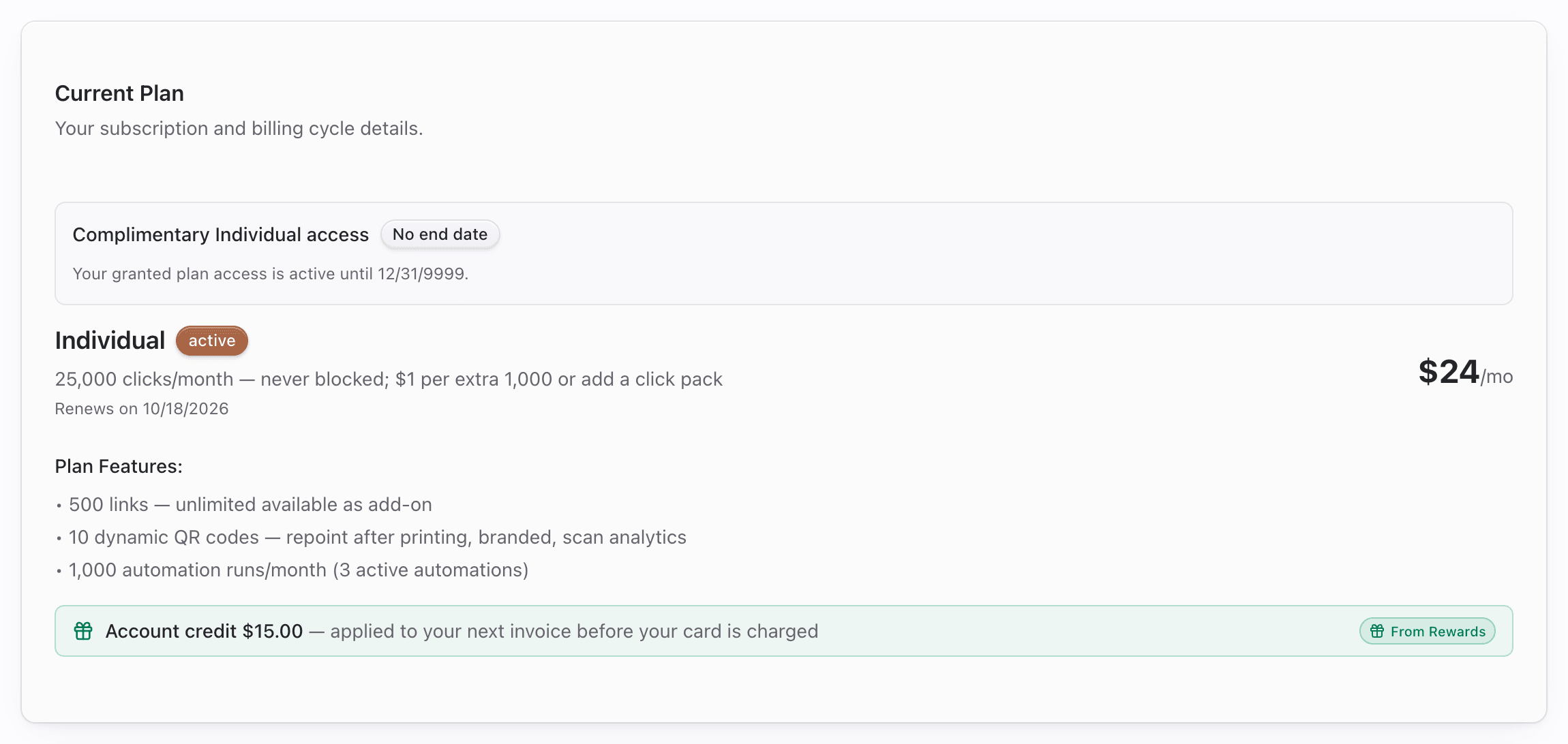 Account credit notice under the current plan card with From Rewards badge