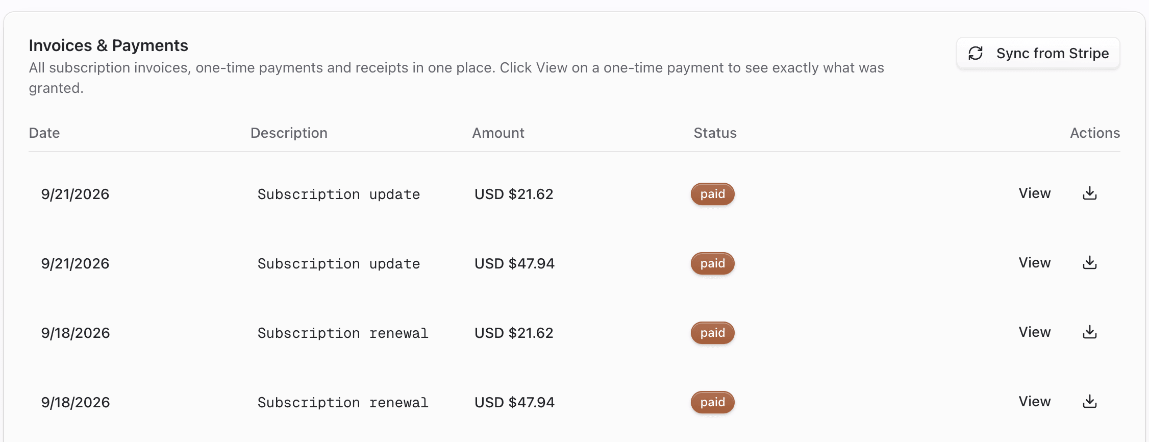 Invoices and Payments list on Billing with View and download actions for each invoice