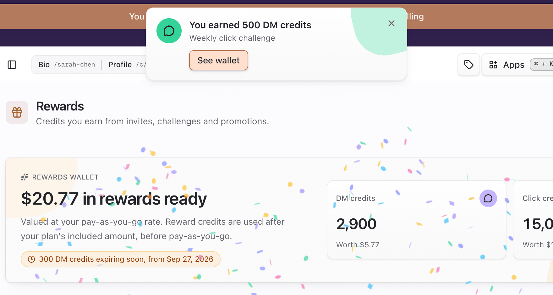 Celebration card reading You earned 500 DM credits with a See wallet button, over confetti