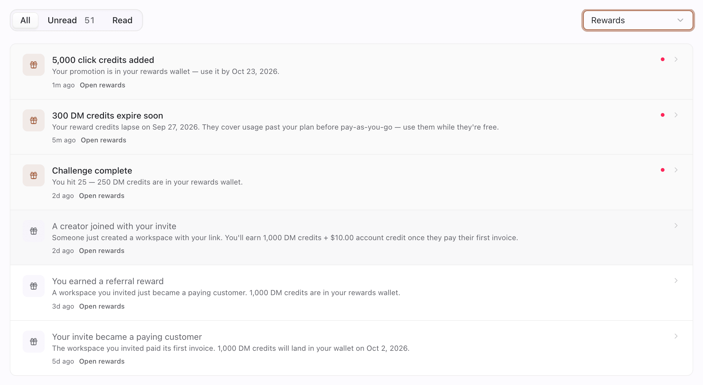 Notifications inbox filtered to the Rewards type with a gift icon on each row
