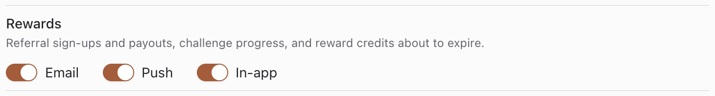 Rewards row in notification preferences with Email Push and In-app switches