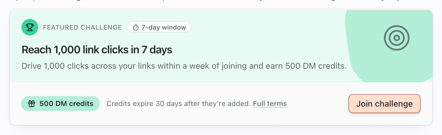 Featured challenge card showing the goal, 7-day window chip, reward chip and Join challenge button