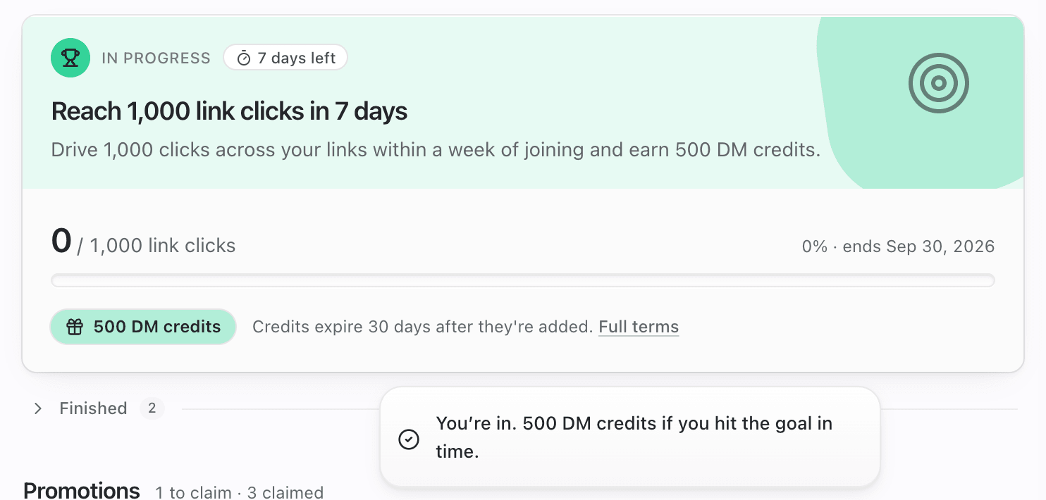 Challenge card now In progress at 0 of 1,000 link clicks, with the You're in toast