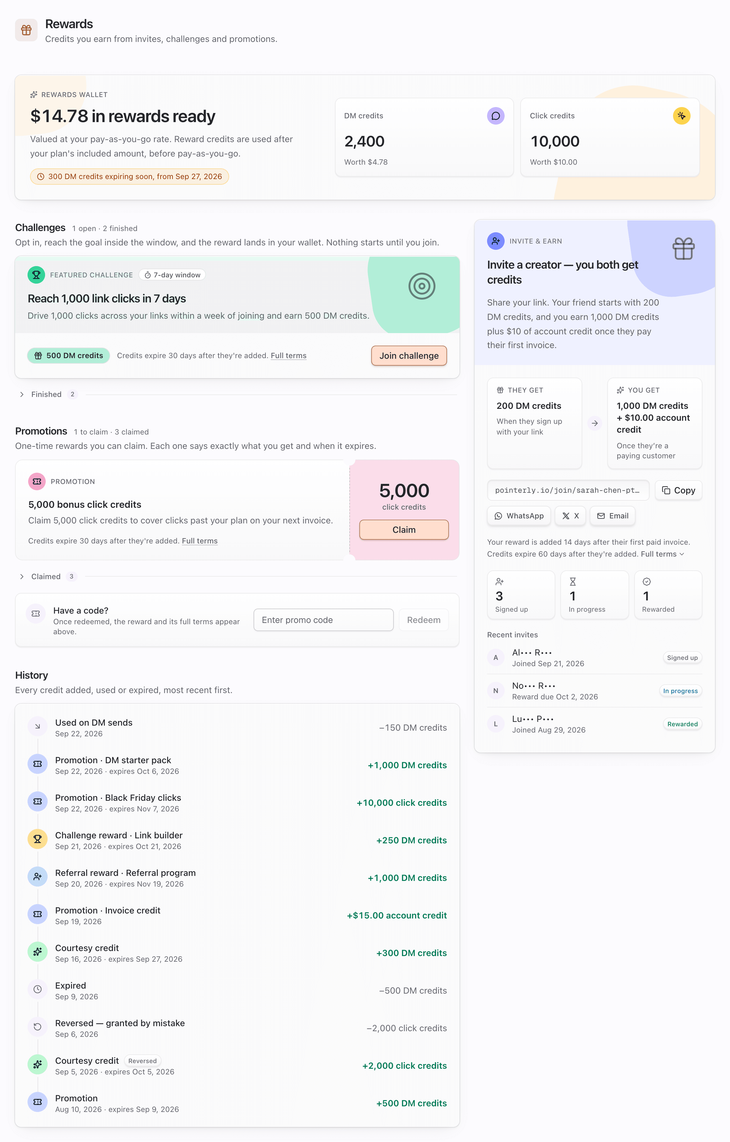 Rewards page showing the rewards wallet, Invite and earn card, Challenges, Promotions and History