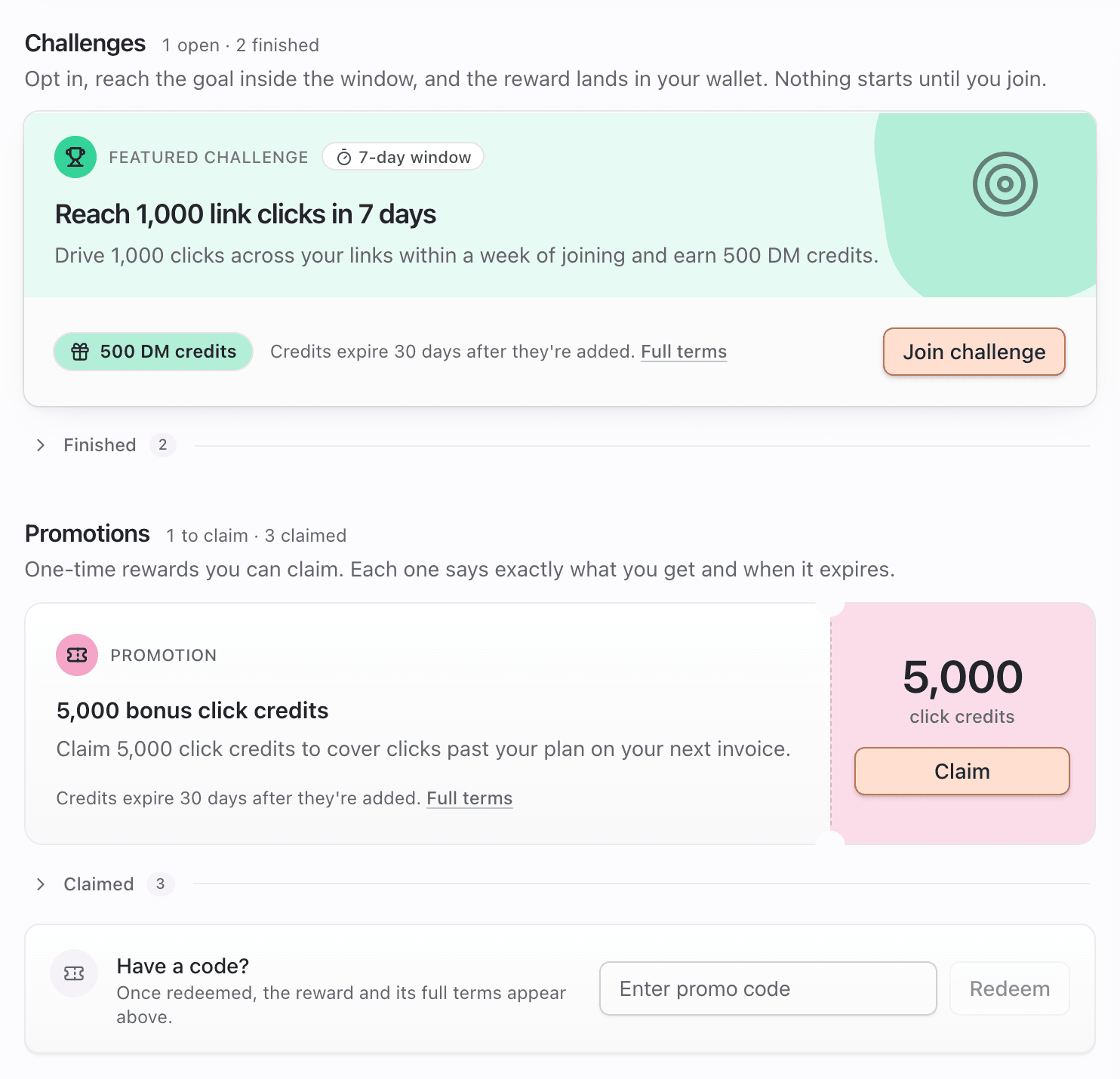 Challenges section with a featured challenge and Promotions section with a Claim button and promo code box