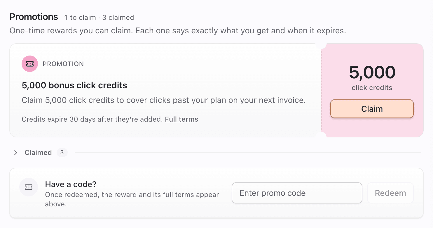 Promotions section with a featured promotion ticket, Claim button, and Have a code box with Redeem