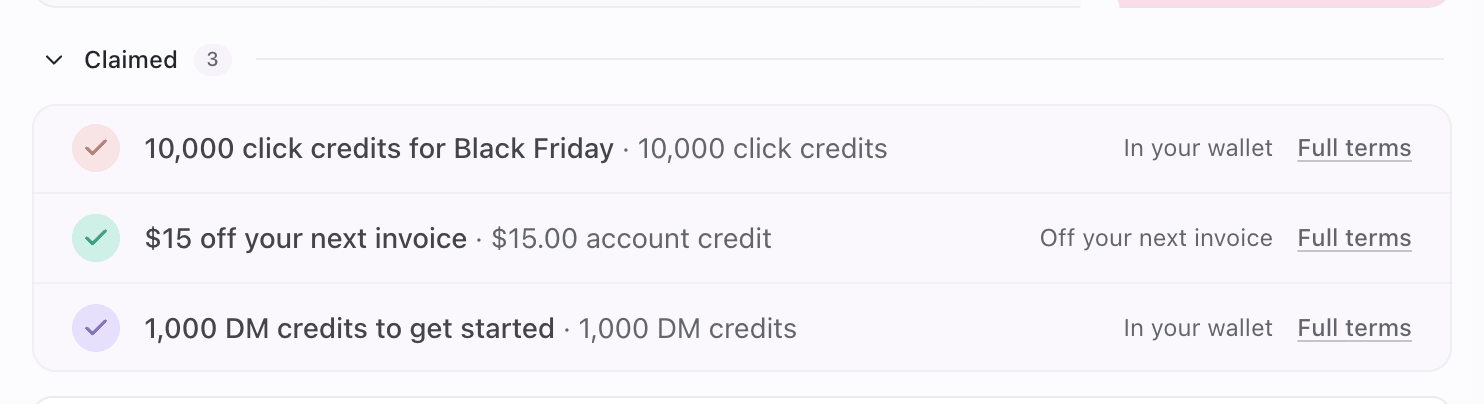 Claimed promotions group with In your wallet and Off your next invoice rows