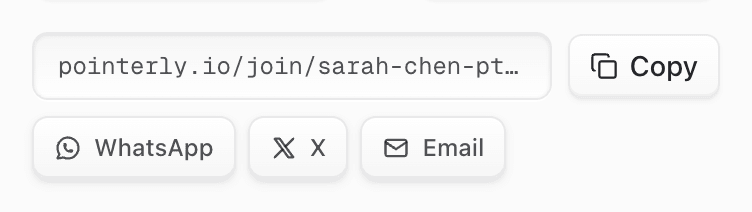 Invite link with Copy button and WhatsApp X Email share buttons