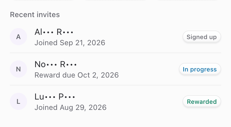 Recent invites with masked workspace names and Signed up In progress Rewarded badges