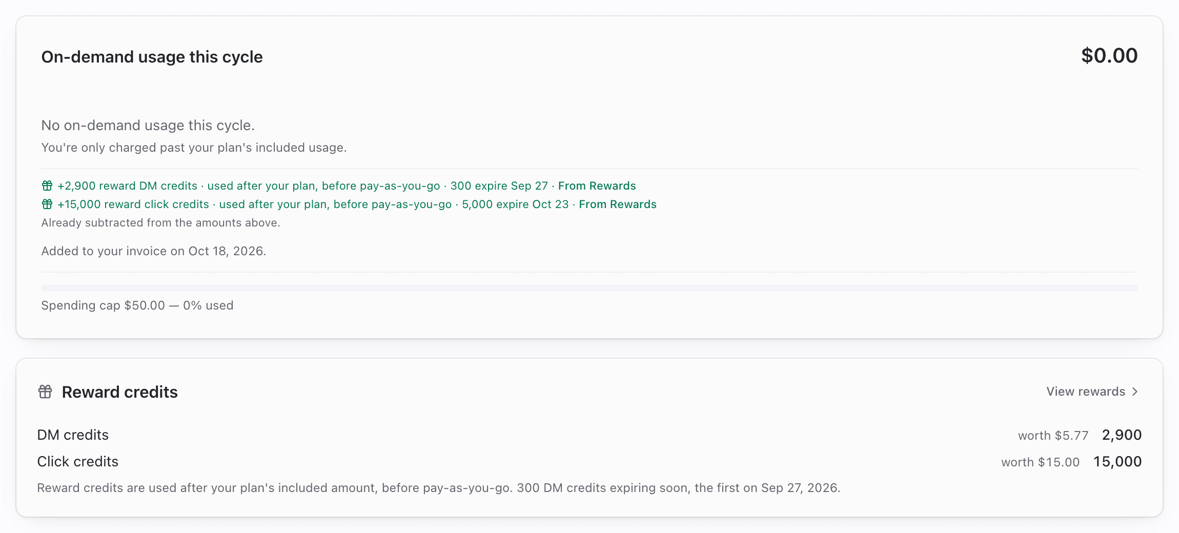 Billing Overview with green From Rewards lines on the On-demand usage card and the Reward credits card below it