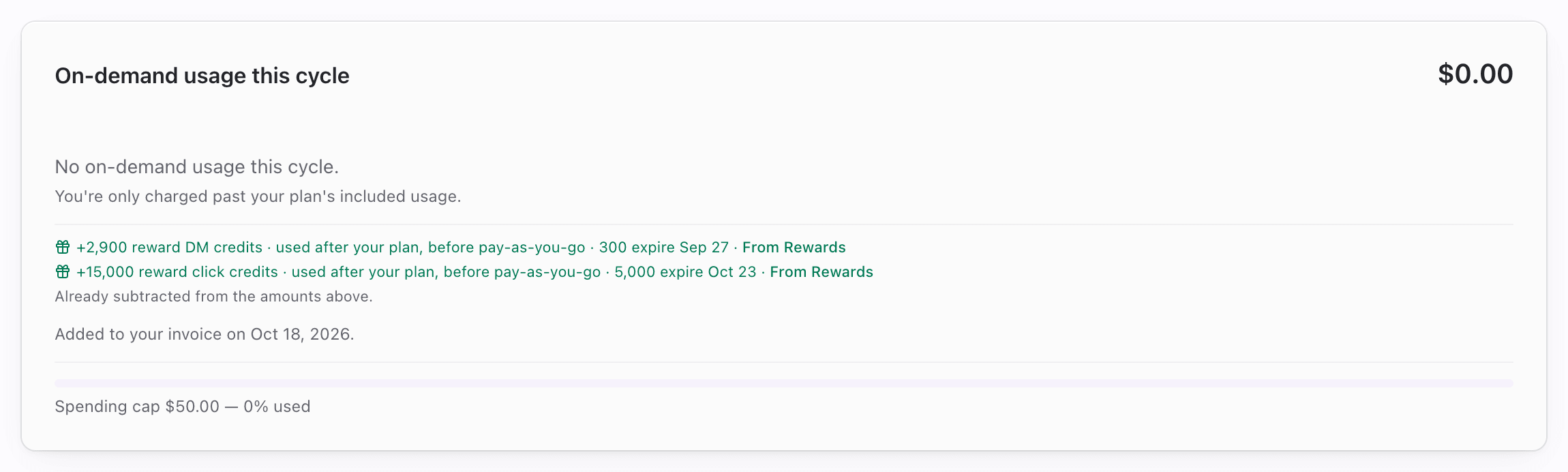 On-demand usage card with reward DM credits line and Already subtracted from the amounts above note