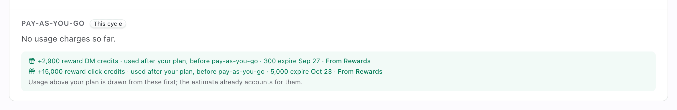 Upcoming invoice Pay-as-you-go section reading No usage charges so far, with the green reward credit lines