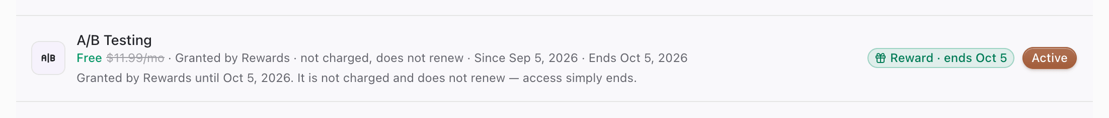 Active add-ons row with Reward · ends Oct 5 badge