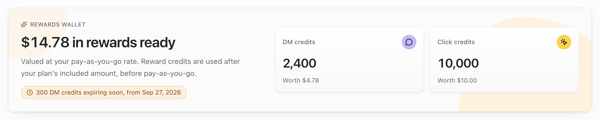 Rewards wallet showing $ value in rewards ready, DM credits and click credits tiles, and an expiring-soon chip