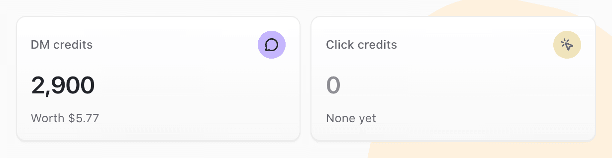 DM credits tile with Worth $5.77 and Click credits tile showing None yet