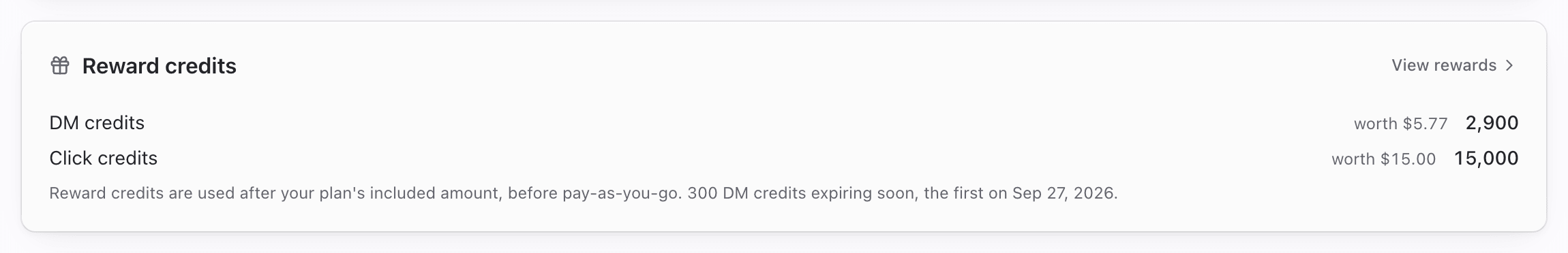 Billing Overview Reward credits card with DM credits worth $5.77, click credits worth $15.00 and View rewards link