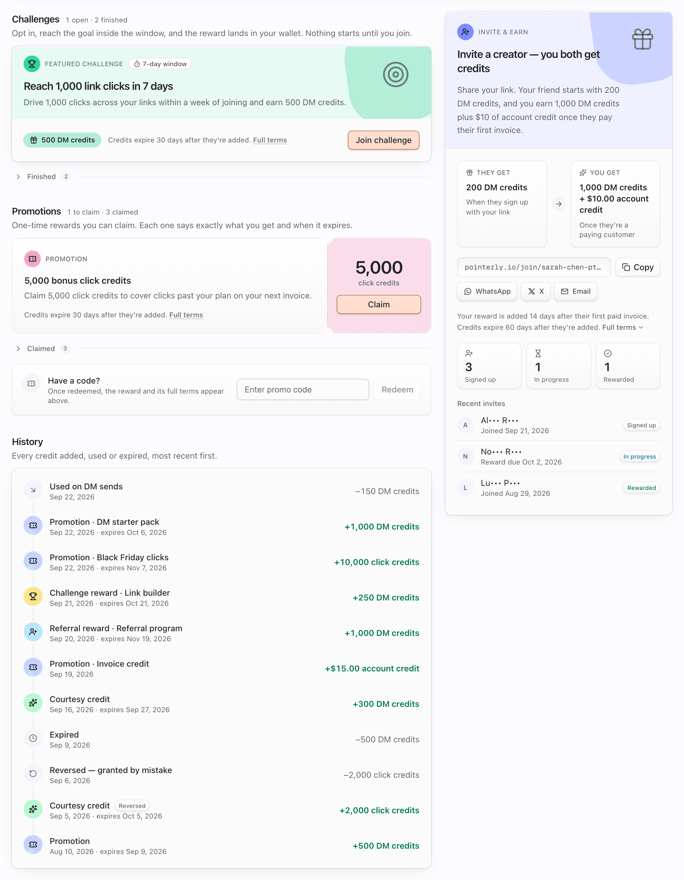 Rewards page with the Invite and earn card, status badges and History
